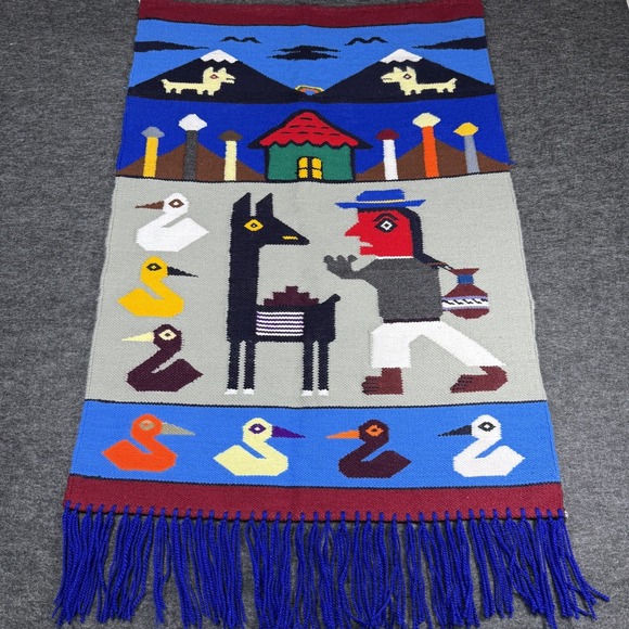 The Unbranded Brand Other - Vintage Peruvian Tapestry Hand Woven Wool Farm Landscape South America 25 X 41